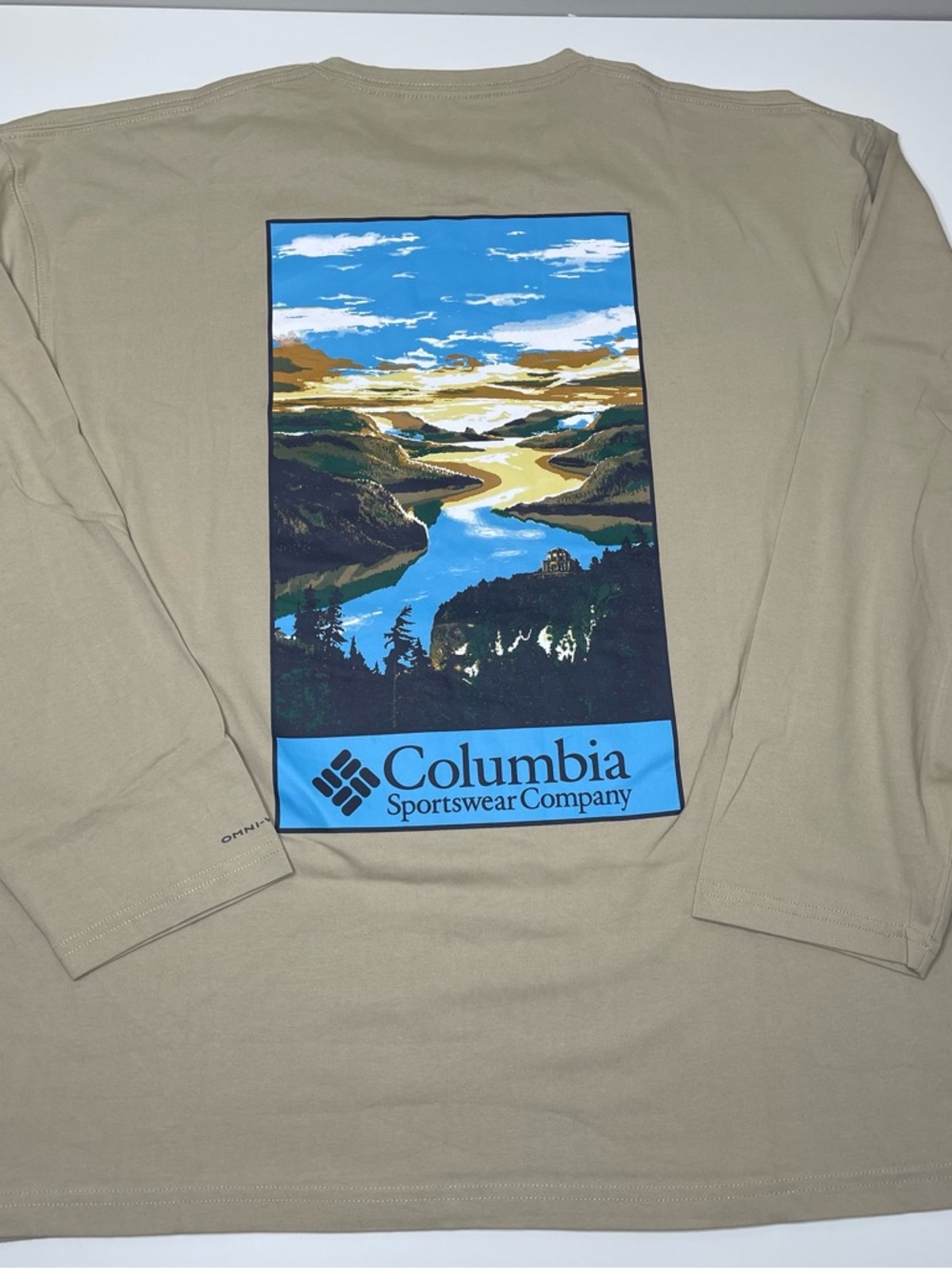 NWOT Mens Columbia Omni-Wick Long Sleeve Crewneck Graphic Tee (Tan) Size LARGE